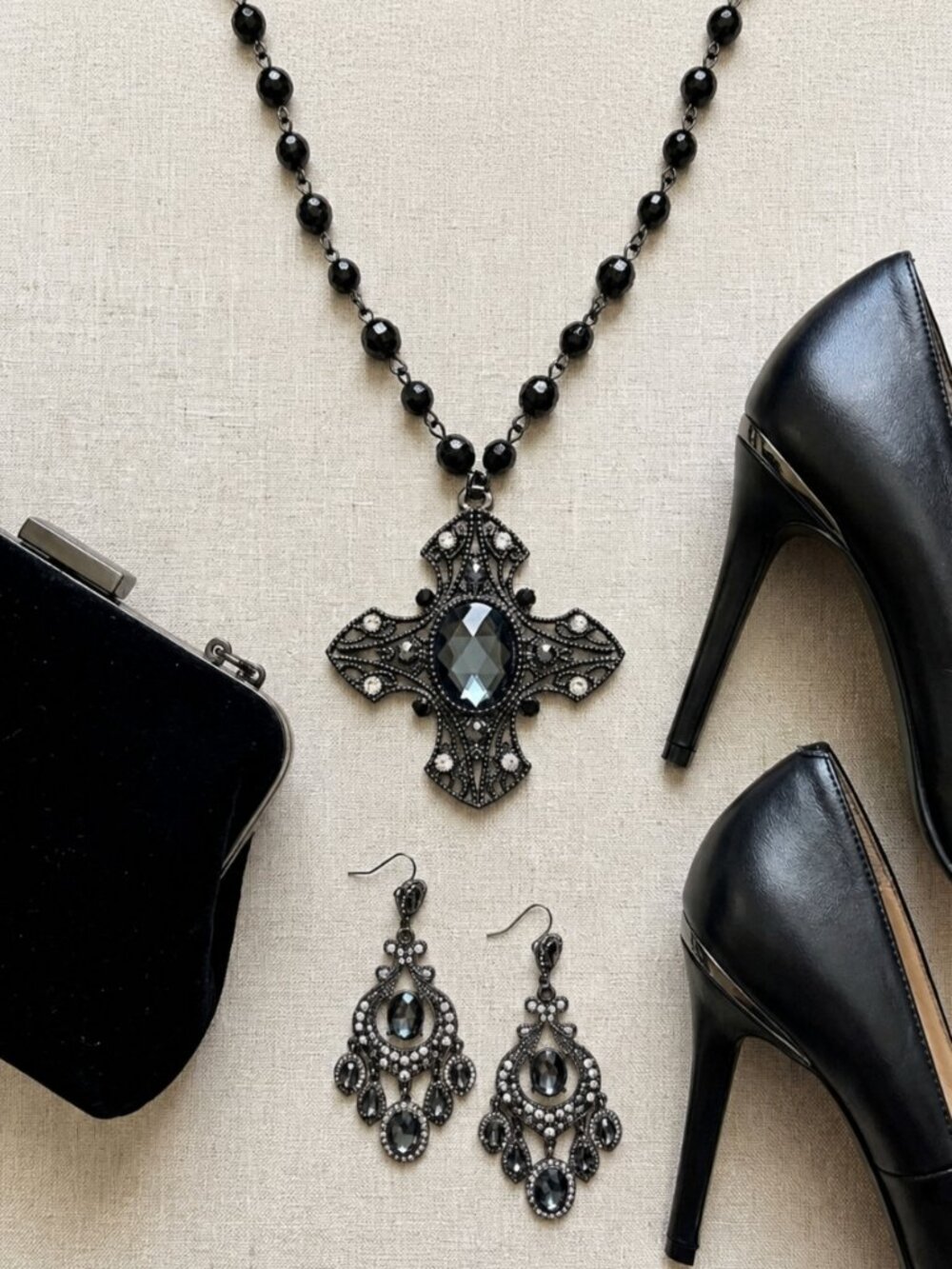 Long Black Beaded Gothic Style Statement Cross Pendant Necklace